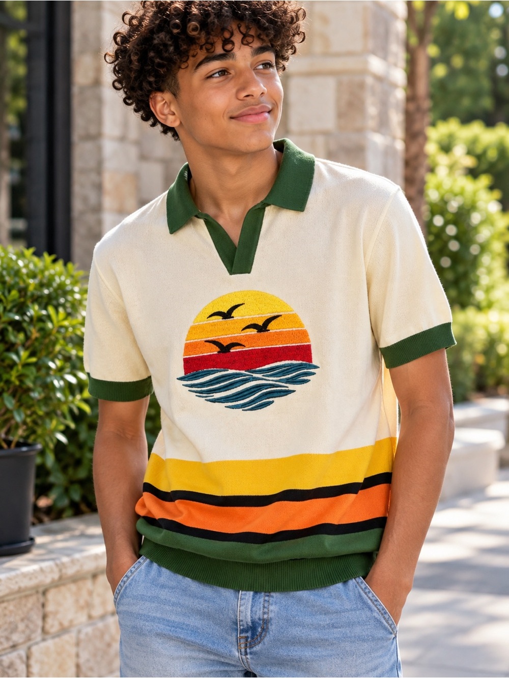 Men NWT Oxknit Cream Short-Sleeve Knit Polo w/Sunset Stripe Graphic-large